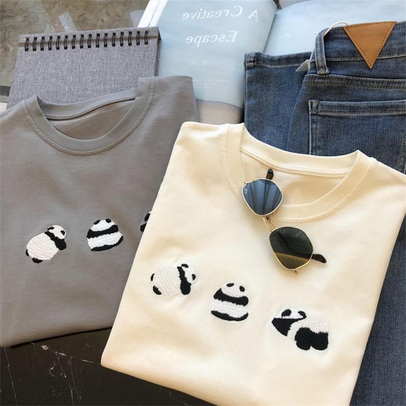 Panda Embroidery Loose Short Sleeve Women's Cotton T-Shirt