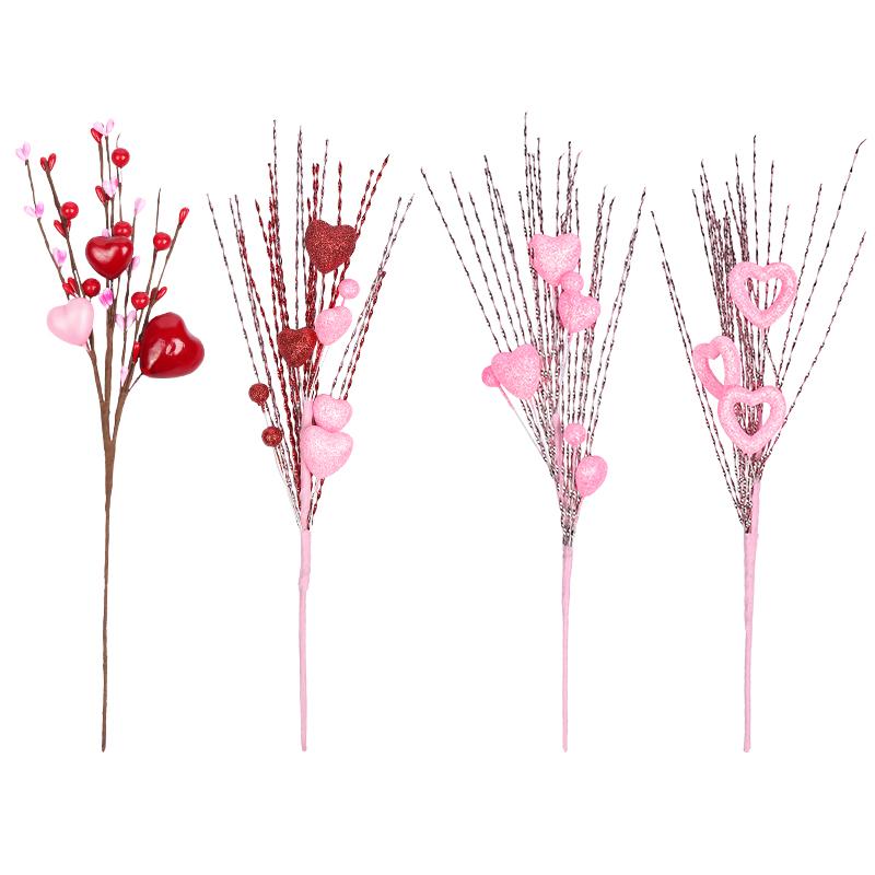5pcs/lot Artificial Heart Shaped Berry Picks Flower Stem Branches for Valentines Day Wedding Party Home Table Decoration Gifts