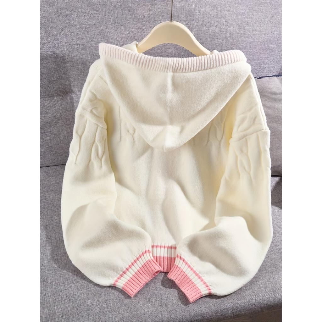 College Style Loose Fitting Hooded Cardigan for Spring and Autumn Wear, Fashionable Knitted Jacket for Women, Cardigan for Women