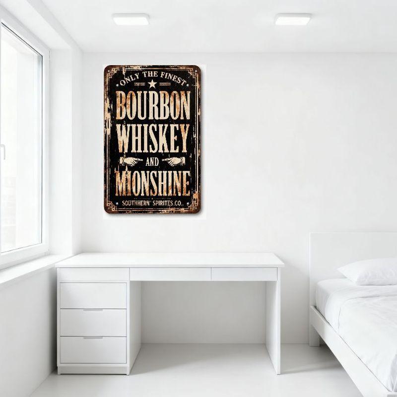 Vintage Southern Moonshine Bourbon Whiskey Metal Tin Sign, Distressed Black Background with White Text, Ornate Border, Man Cave