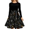 Women Casual Vintage Halloween Dress Long Sleeve Round Neck Fit and Flare Midi Dress with Halloween Tree and Ghost Print and Waist Tie