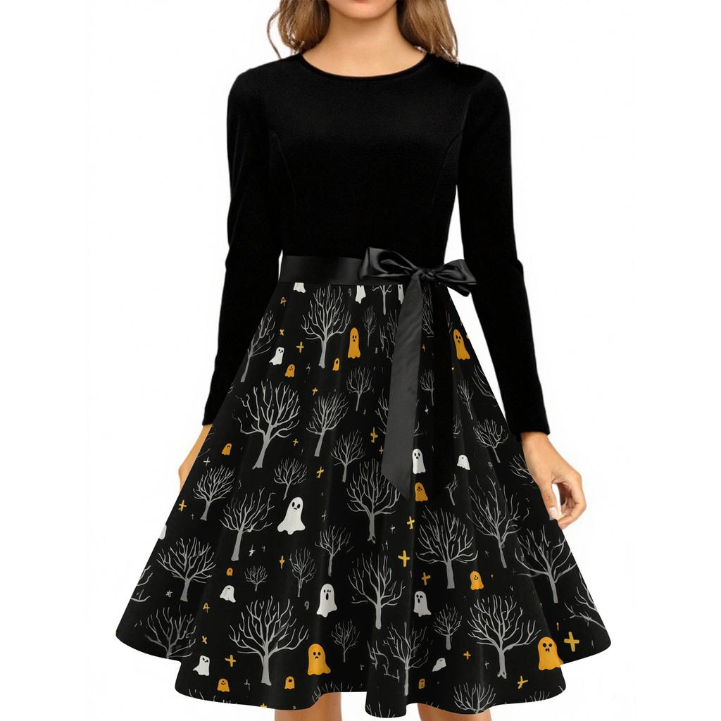 Women Casual Vintage Halloween Dress Long Sleeve Round Neck Fit and Flare Midi Dress with Halloween Tree and Ghost Print and Waist Tie