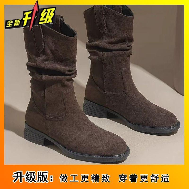 Fashion versatile and comfortable boots for women 2025 new retro style thin non-slip one-pedal pleated stacked boots for women