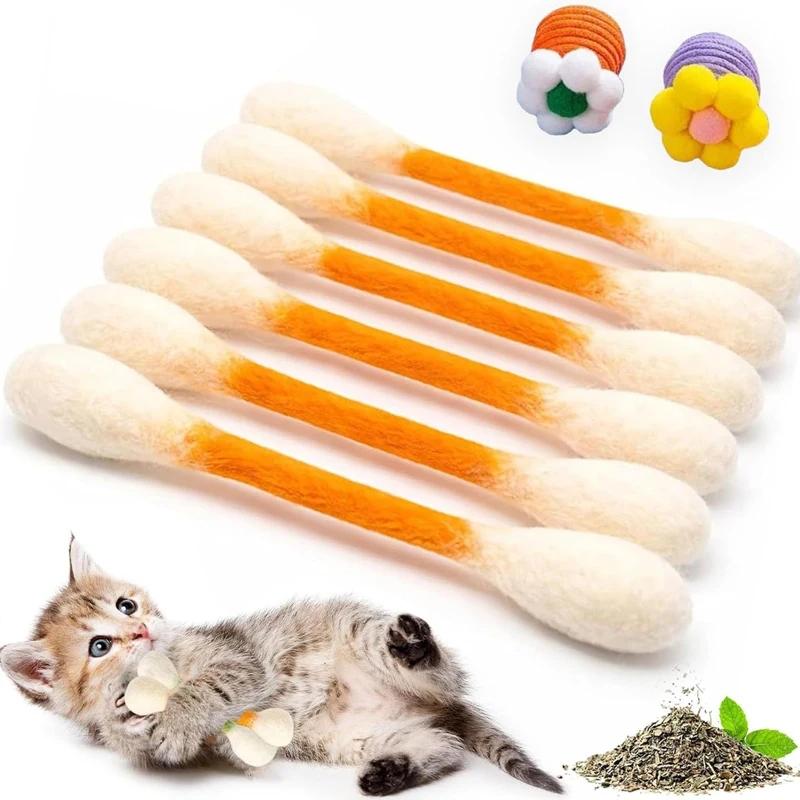6PCS Cotton Swabs Cat Toy with Catnip Kitten Chew Sticks for Indoor Boredom Durable Dental Teething Ropes Interactive Accessory