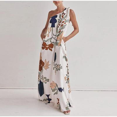 Mode Einseitige Schulter Bedrucktes Ärmelloses Damen Maxi-Kleid 2025 Frühling Sommer Lässig Locker Gerade Strand Lange Kleider Damen Sommerkleid Damenkleid