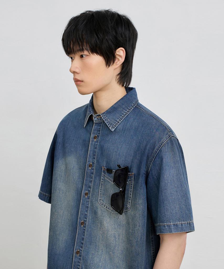 Dimiteulibeullaeg Bio-Washed Crop Denim Short Sleeve Shirt_2 Color