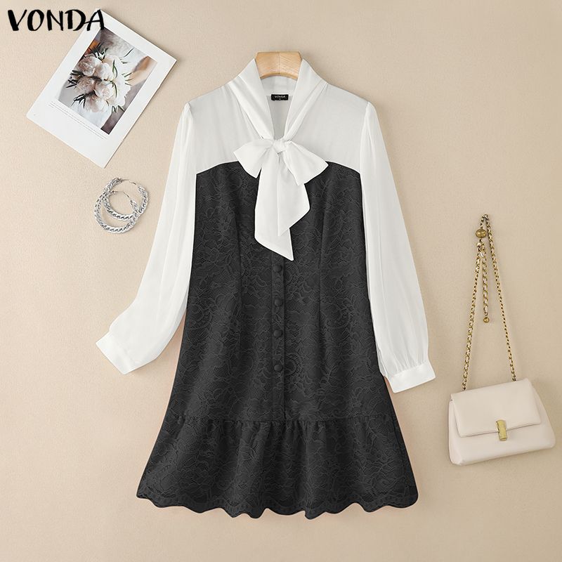 VONDA Women Casual Bow Knot Neck Long Sleeve Lace Crochet Patchwork Elegant Ruffled Dress