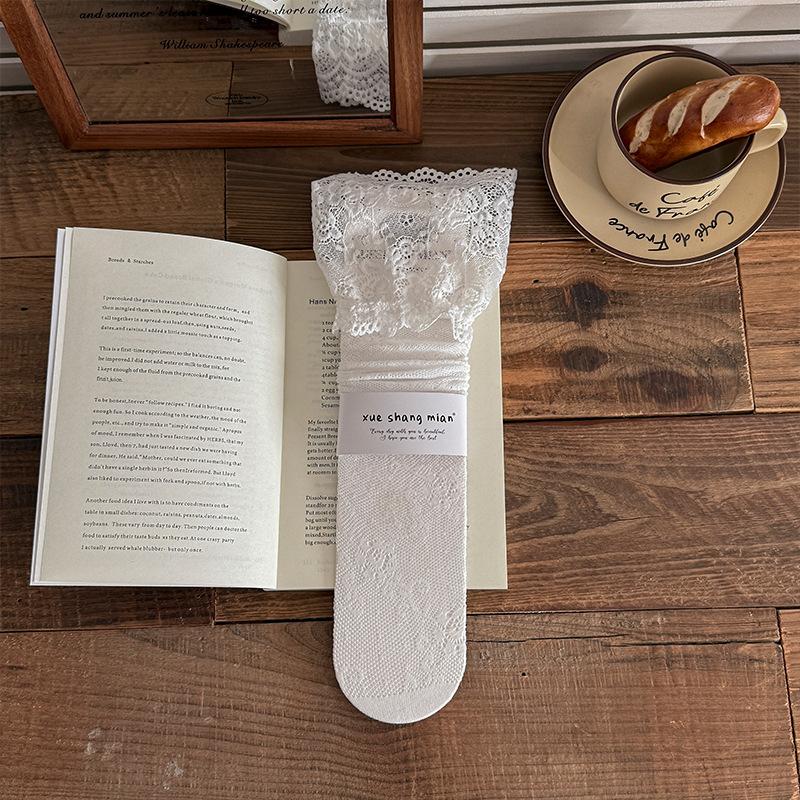 

1 Pair Women S Jk Thin Material Fishnet Socks Hollow Edge Comfortable Calf Socks Spring Summer Lace Design Trim Socks білий