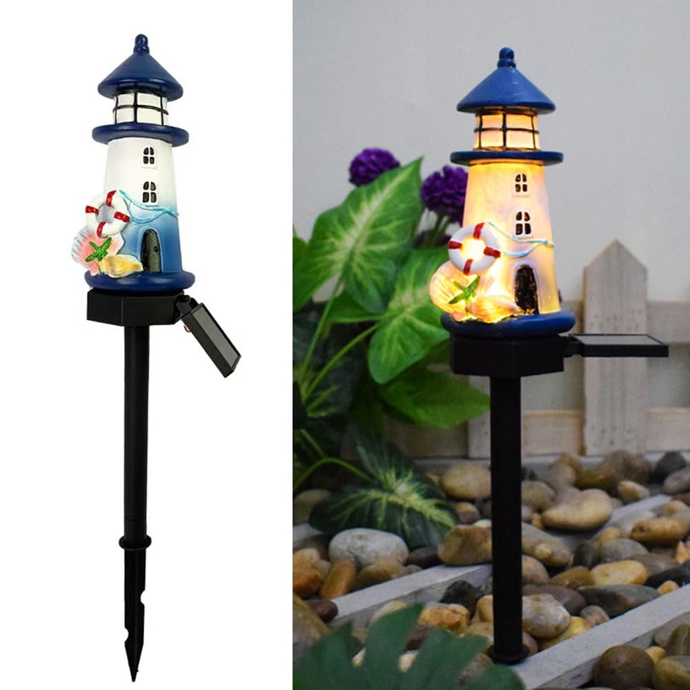 YZYOE Solar Blue and White Lighthouse Atmosphere Garden Decorative Resin Cute House Landscaping Wireless Dusk to Dawn LED Light with Light, Light,