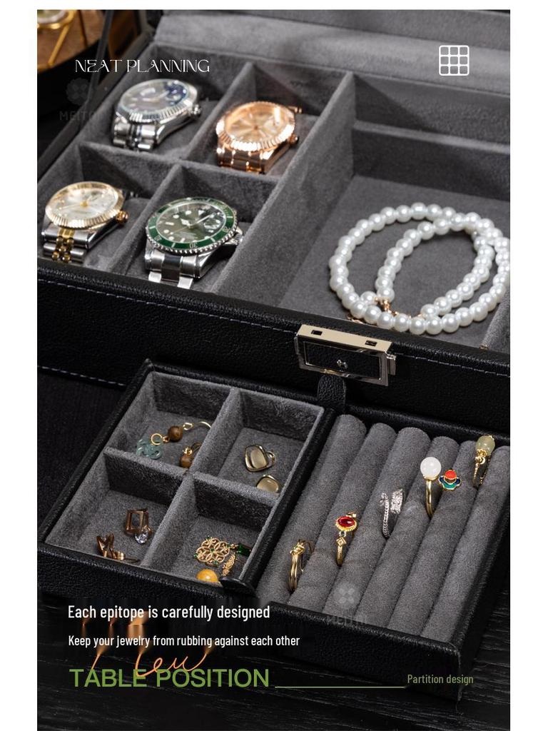 Lychee Grain PU Leather Watch & Eyeglass Storage Box with Multiple Slots