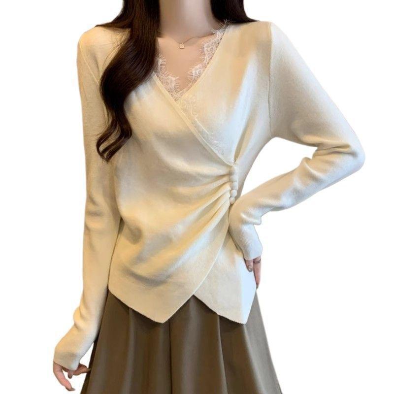 Casual T Shirt For Women With Lace Collage And Deep V Neck In Soft Fabric For Office Wear