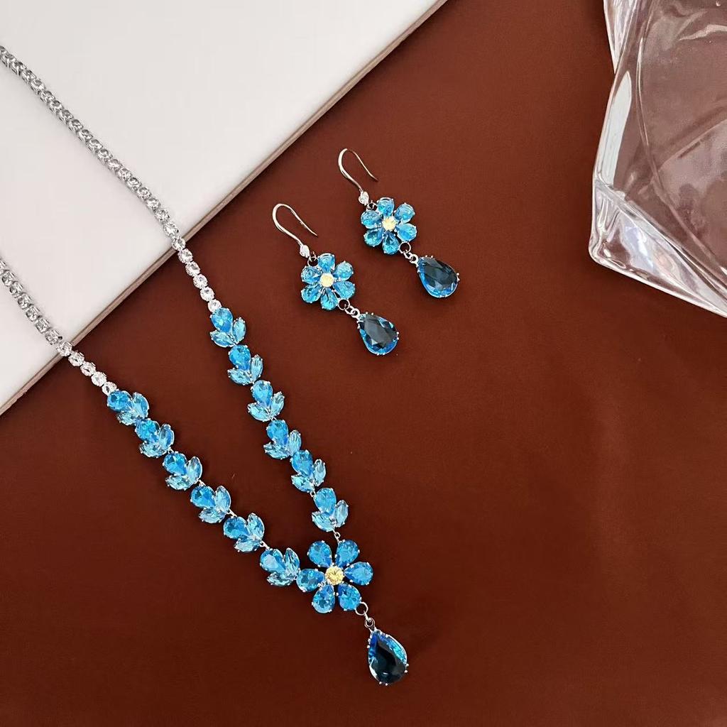 Super Flash Zircon Flower Water Drop Long Earrings Temperament Light Luxury Sweet Set Earrings