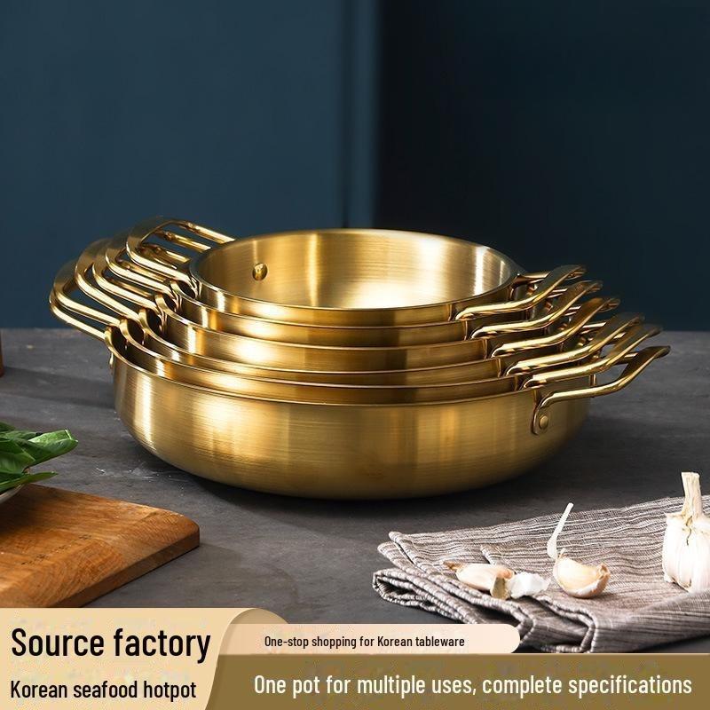 Verdickte 0,8 mm Edelstahl Meeresfrüchte- & Hot Pot Pfanne Goldene flache flache Doppelgriff-Bratpfanne Langlebige Mehrzweck-Kochplatte