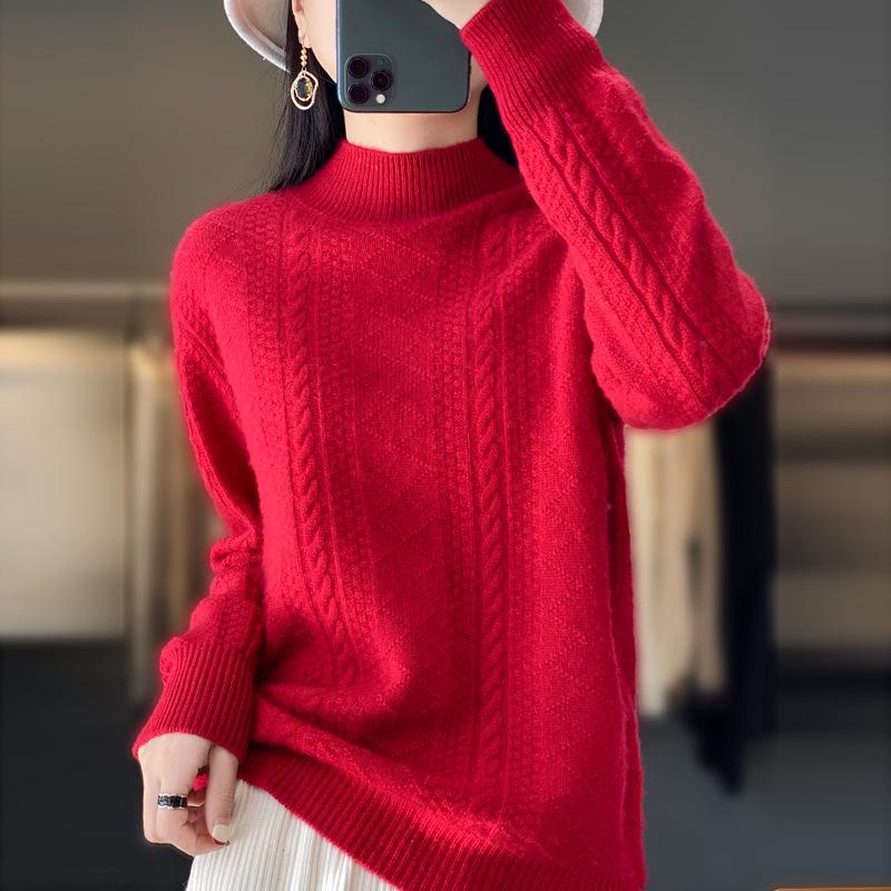 High Neck Vertical Stripe Jacquard Wool Sweater - Fashionable Cable Knit Cashmere Knitwear