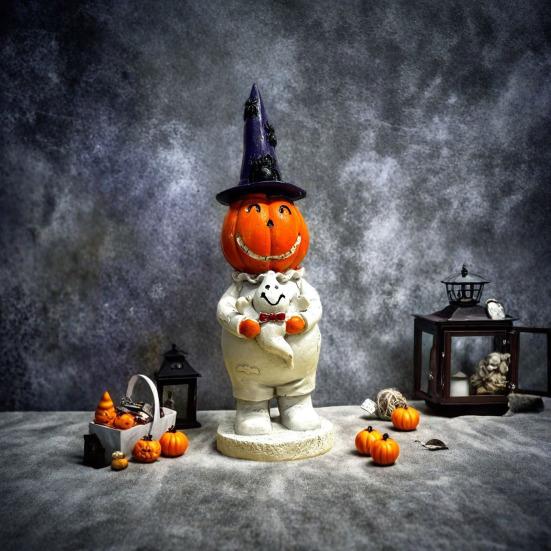 Yousheng Halloween Smiling Pumpkin Man Statue Spooky Wizard Hat Pumpkin Holding Ghost Resin Figurine Sculpture Party Home Desktop Decoration Ornament