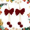 Cute Bowknot Hanging Earrings 1 Pair Velvet Bow for Women, Red Christmas Dangle Drop Daily Wear Versatile with Ball Charm, Jewelry Gift New Year Xmas