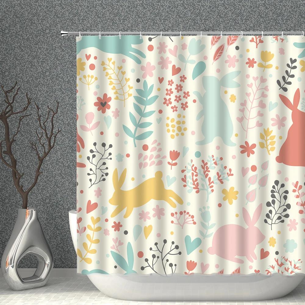 Cartoon Beige Shower Curtain Waterproof Cloth Colour Animal Butterfly White Print Bath Curtains Child Girl Bathroom Screen Set
