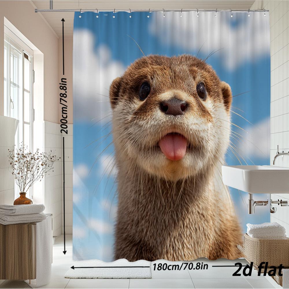 Roztomilý obličej vydry – sprchový závěs – 2D plochý, realistický fototisk, 12 háčků, 70,8×70,8 palce, Polyester, Lze prát v pračce