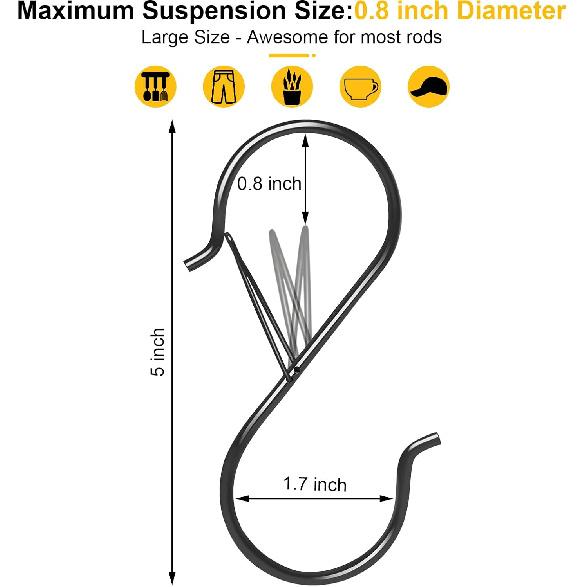 12 Pack Large S Hooks for Hanging, 5 inch Heavy Duty Metal S Hooks with Safety Buckle S Shaped Hooks Pot Rack Closet Hooks for Hanging Plants,