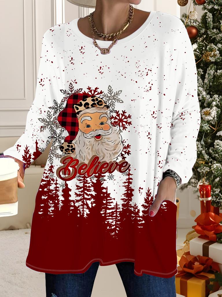 2025 Autumn Winter New Plus Size Women's Tops, Christmas 3D Print Fashion Crew Neck Long Sleeve T-Shirts