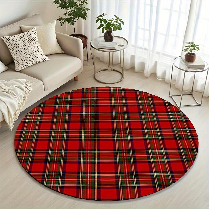 1pc Red Plaid Rug Round Flannel Mat Scottish Tartan Pattern Traditional Home Decor Living Room Bedroom Floor Carpet Warm Cozy 60cmx60cm