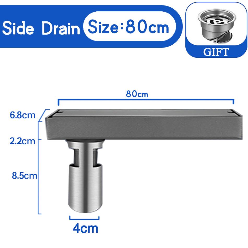 Invisible Tile Floor Drain Stainless Steel Grey Bathroom Shower Long Linear Water Drainage Side Floor Drain 60 70 80 90 100 CM