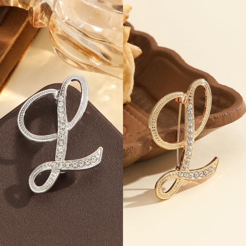 2Pcs  Full  Encrusted Gold And Silver Alphabet Letter Brooches Pins Minimalist Clothing Jewelry Accessory