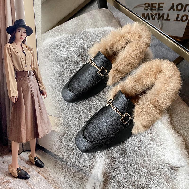 Retro Loafers Fashion Women'S Shoes Autumn And Winter Women Velvet Warm Flat-Bottomed Rabbit Fur Leather Shoes
