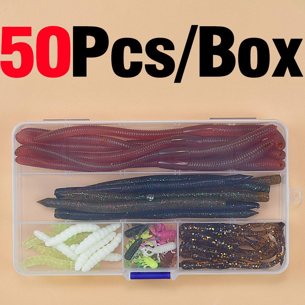 50Pcs/Box Soft Plastic Fishing Lure Kit Worm Shrimp Grub Bionic Silicone Bait Box Set, Freshwater Saltwater Bass Trout Carp