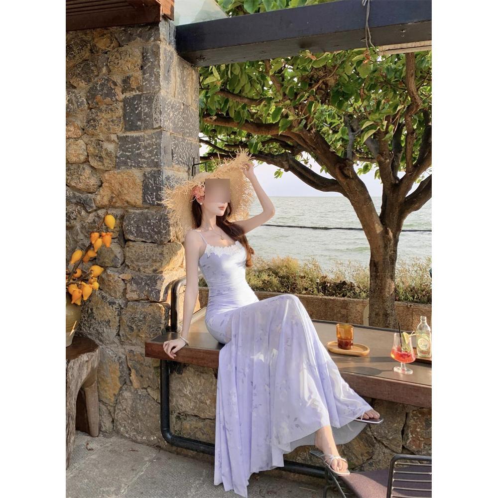 Seaside vacation hip-wrapped long dress French Spice Girl Dopamine Wear Blue Lace Splicing Printed Mesh Suspender Skirt