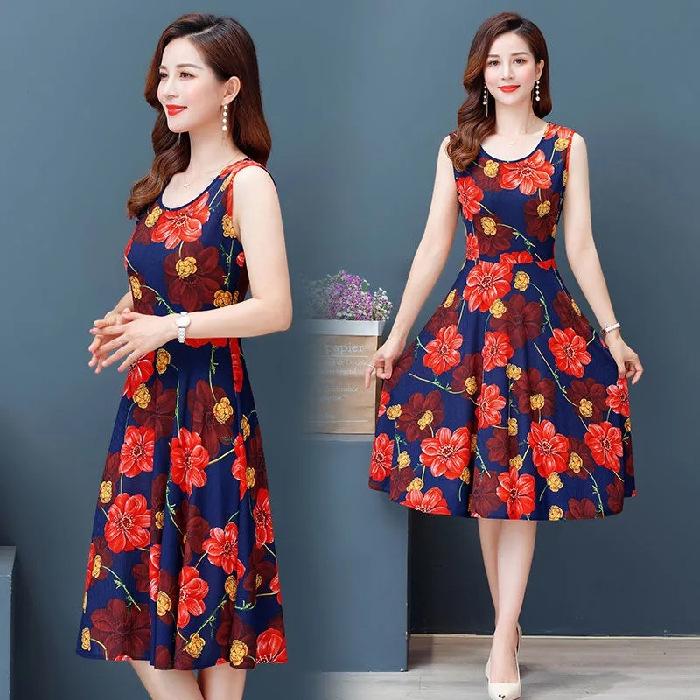 

Summer new floral dress medium and long round neck waist thin vest skirt bottom skirt children 4XL