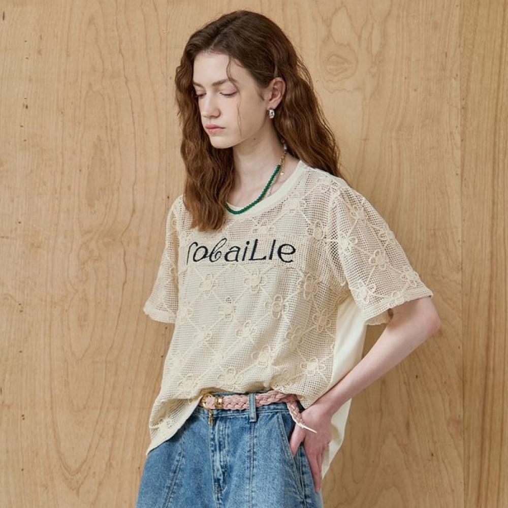 Maxza Flower LeTTering NeT Color Blouse T shirT ze06qT023na beige/FREE