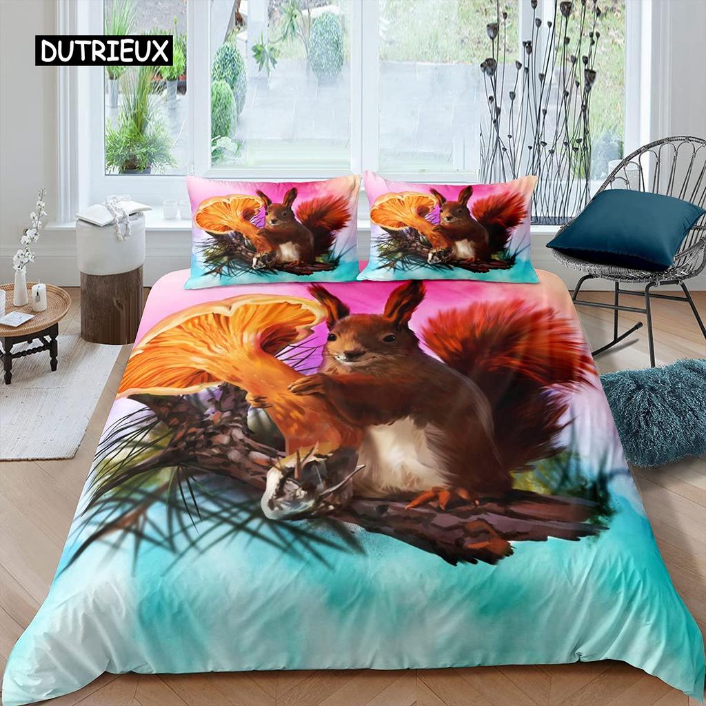 Squirrel Duvet Cover Set Cute Squirrel Twin Bedding Set 3D Animal Comforter Cover Nature Theme King Size Polyester Quilt Cover