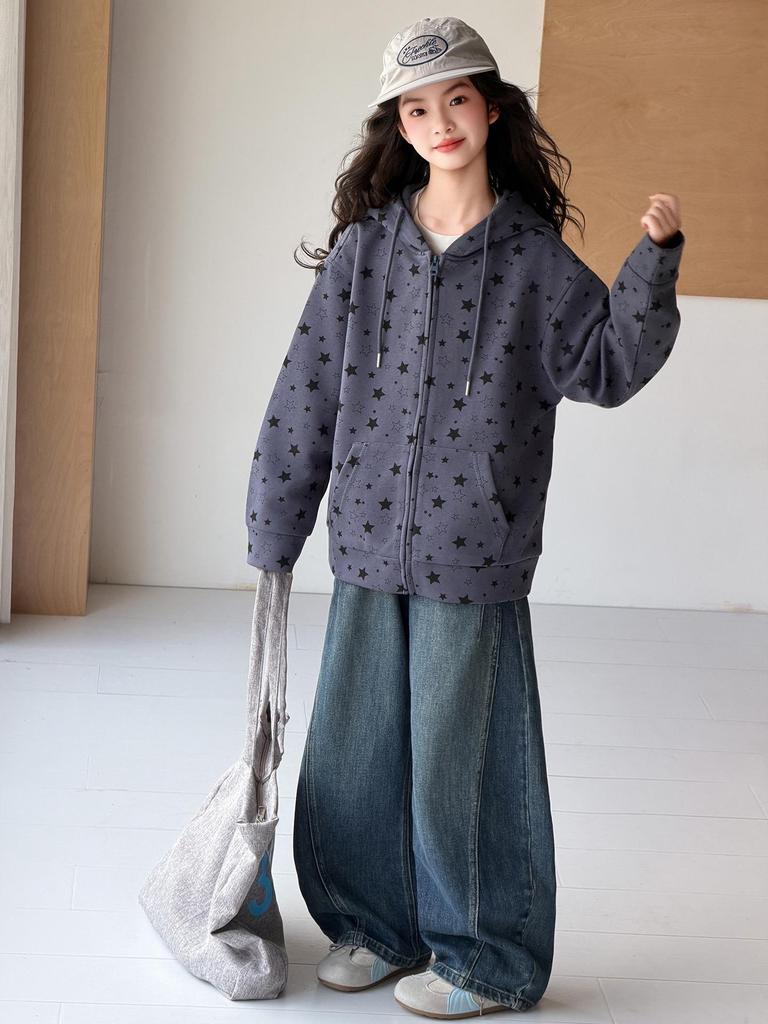 Korean Girls' Star Print Hooded Jacket - Spring/Autumn, Medium-Large, Loose Fit, Zipper Cardigan, Trendy Sweatshirt