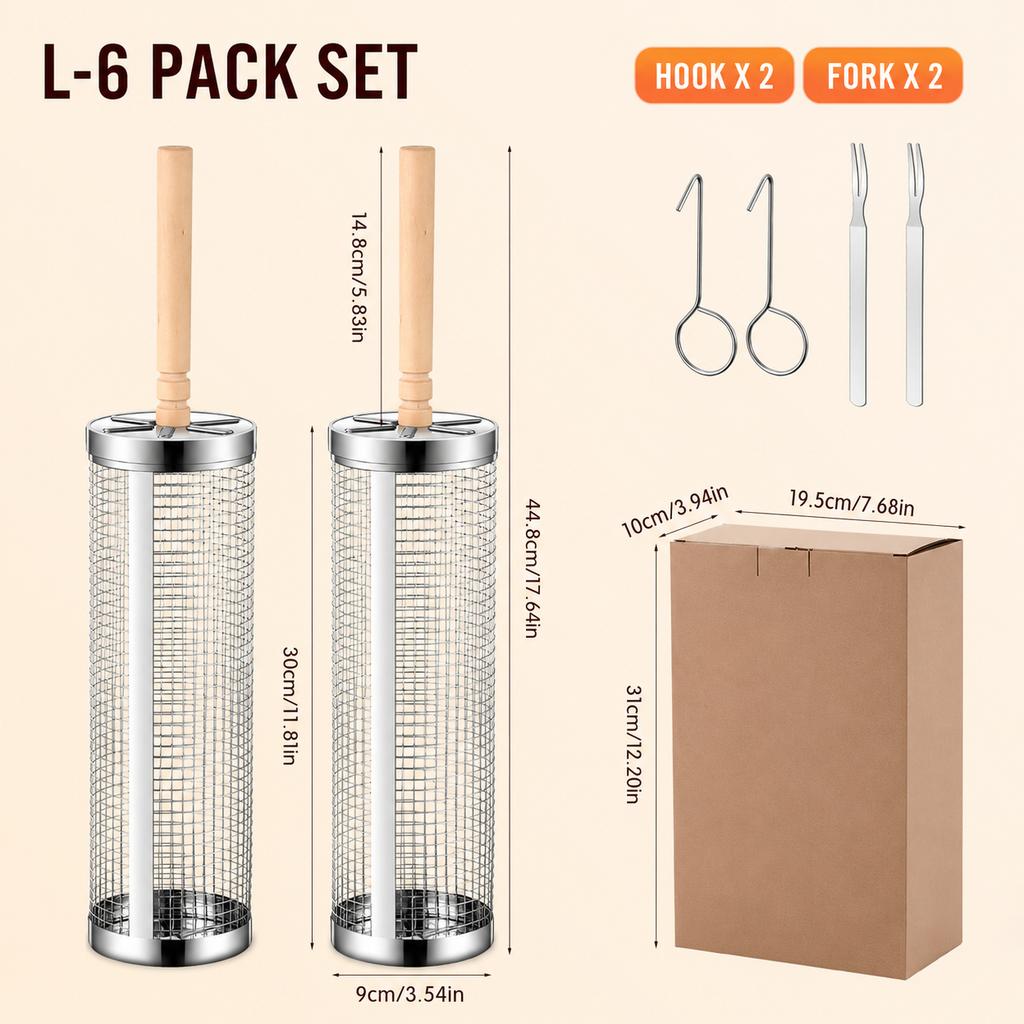 4/6/8 Pack Stainless Steel Rolling Grilling Basket Set Wooden Handle Outdoor Camping BBQ Vegetable Meat Grilling Accessories