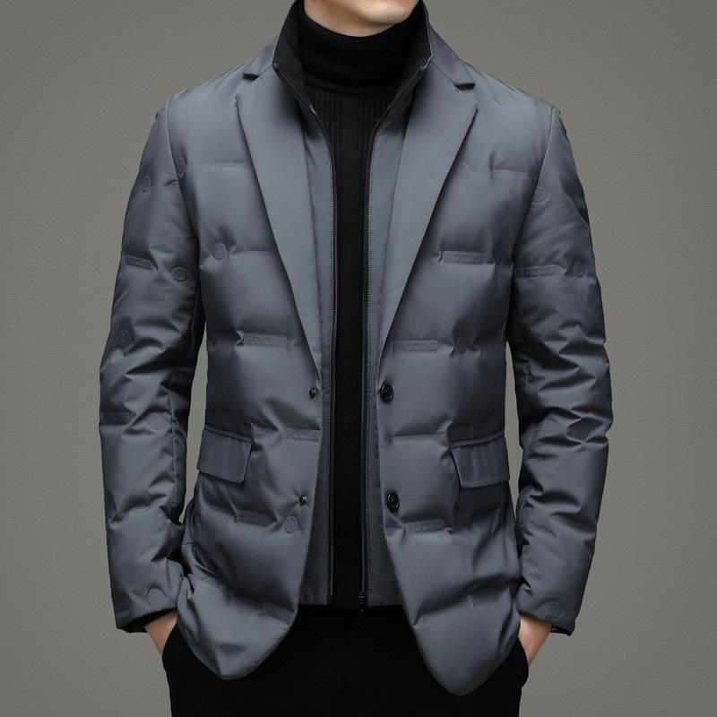 Men's Warm Down Jacket with Detachable Collar - Autumn/Winter Casual Fashionable Suit Style, Fake Two-Piece Design.