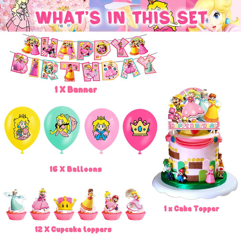30Pcs Princess Peach Birthday Party Supplies Include Banner Cake Topper Balloons