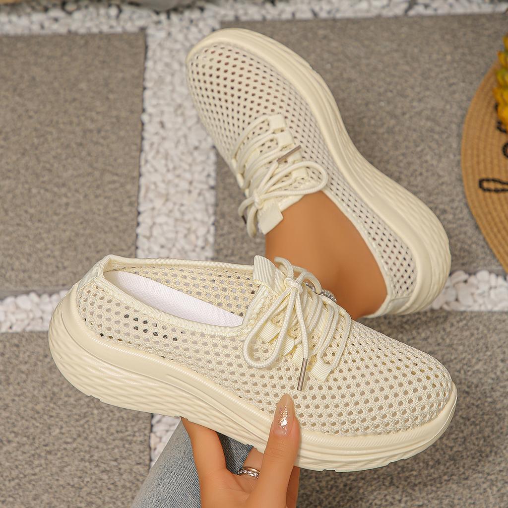 Chaussures de Sport Décontractées pour Femmes Été Semelle Souple Antidérapant Maille Découpée Respirante Tête enveloppée Mi-claquette