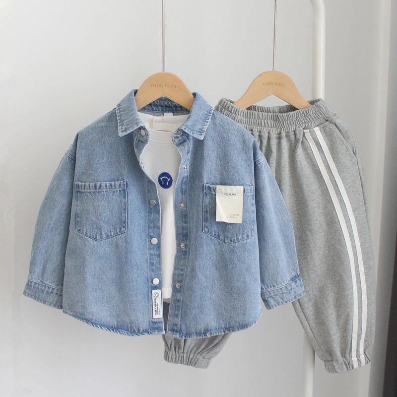 Boys Spring and Fall Long-sleeved Denim Shirt Middle and Small Children Casual Cotton Single-breasted Tops