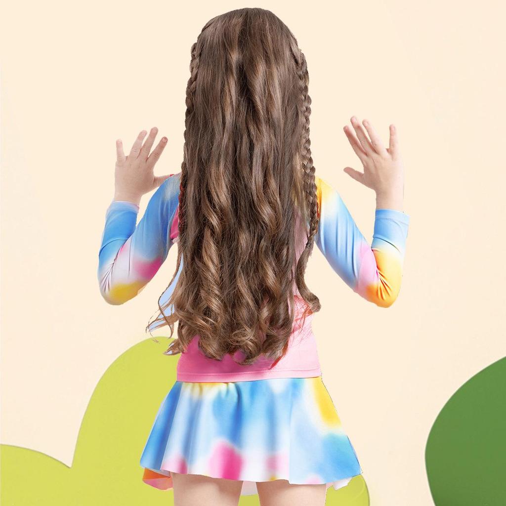 Girls' Tie-Dye Long-Sleeve Two-Piece Swimsuit Set with Short Skirt