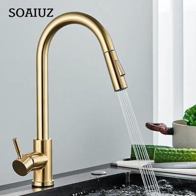 Quyanre Brushed Gold Kitchen Faucet Pull Out Kitchen Sink Water Tap Single Handle Mixer Tap 360 Rotation Kitchen Shower Faucet
