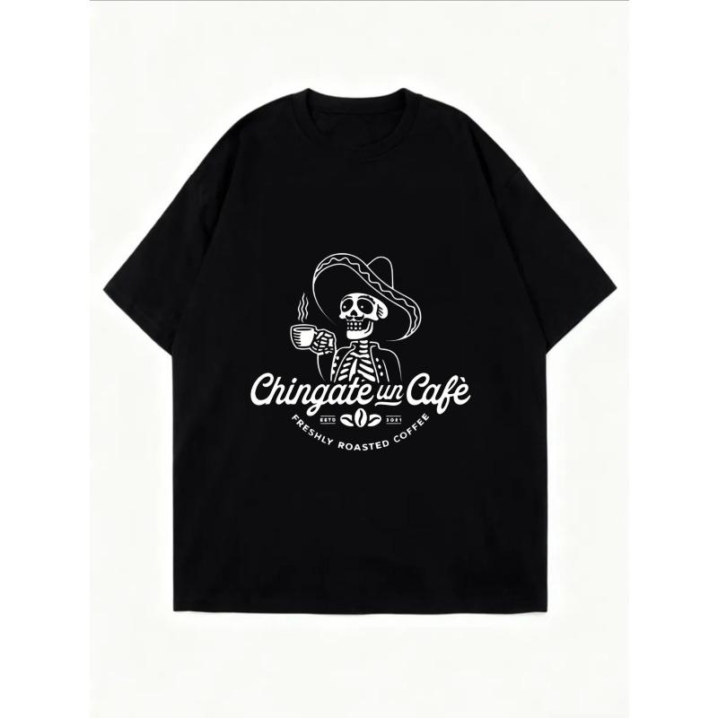 White Oversized T Shirt With Skeleton Coffee Design For Casual Wear
