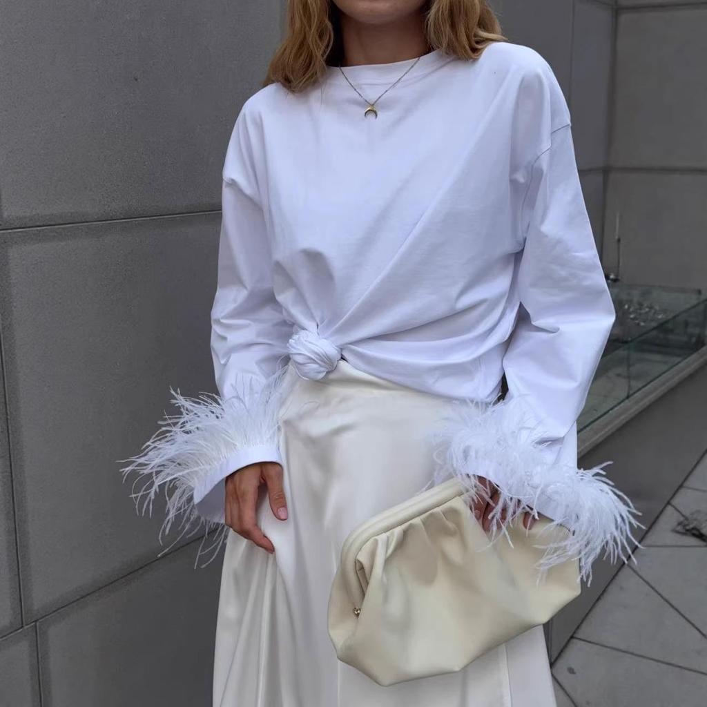 Γυναικείο Μακρυμάνικο T-shirt με Φαρδιές Μανσέτες και Ένθετα Γούνας - Ευρωπαϊκό και Αμερικανικό Στυλ, Συλλογή Άνοιξη 2026