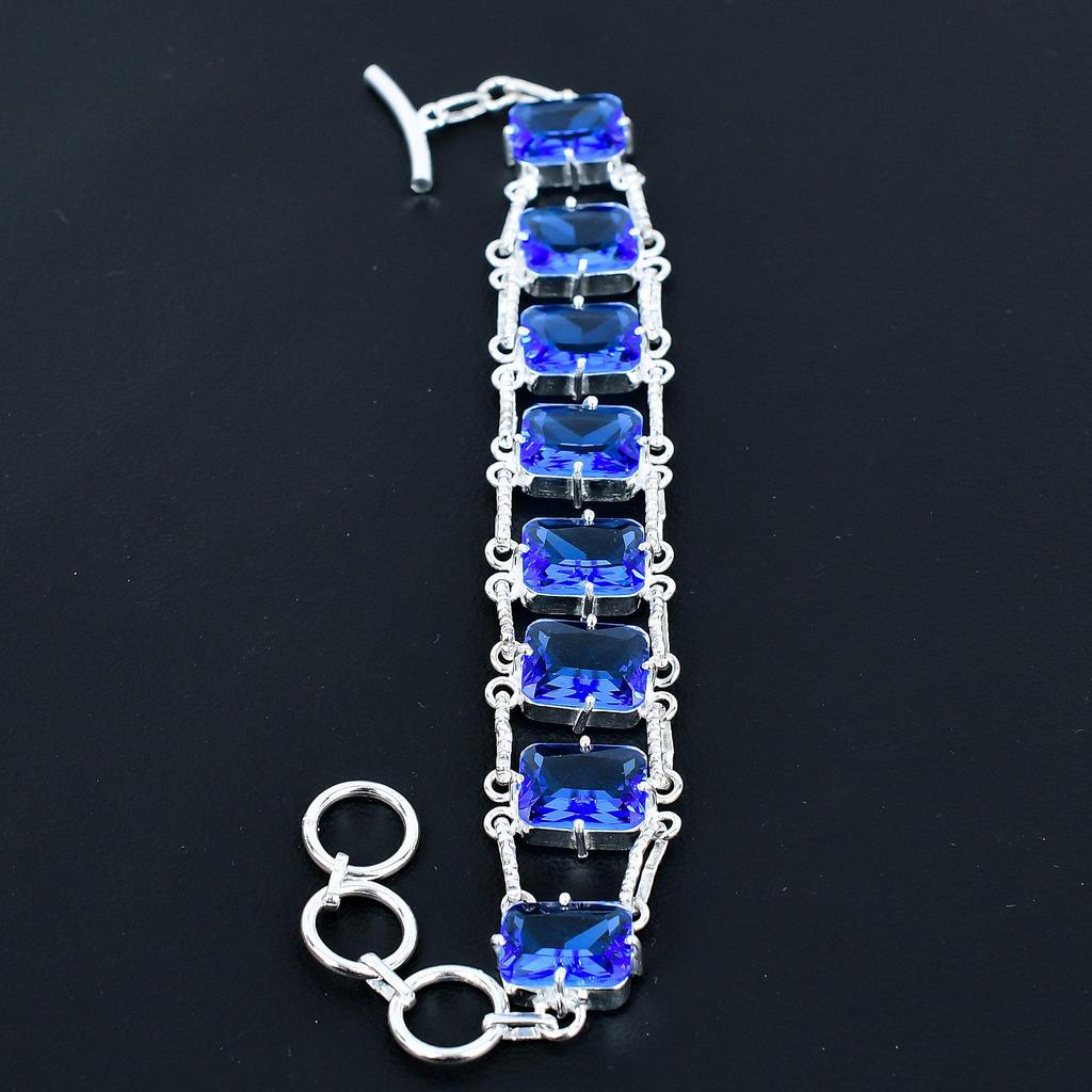 Faceted London Blue Topaz Bracelet 925 Sterling Silver Jewelry Adjustable Chain Bracelet Cushion Shape Gemstone Handmade Jewelry Gift For Her