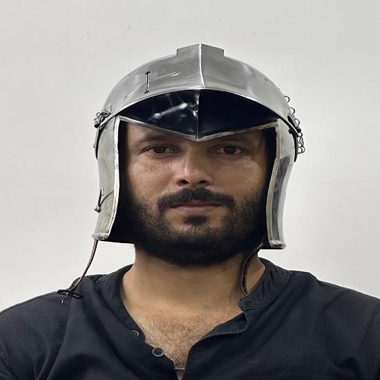 Barbute Visor Helmet ~ Medieval Steel Helmet With Inner Linner And Wooden Stand