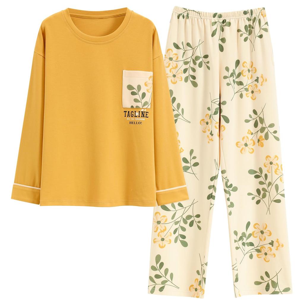 NANJUN Cotton Long Sleeves and Crew Women's 100% Pajamas, Pants, 2-Piece Set, Neck, Loungewear, Nightwear, Spring/Autumn (sy014-yellow flower-2XL)