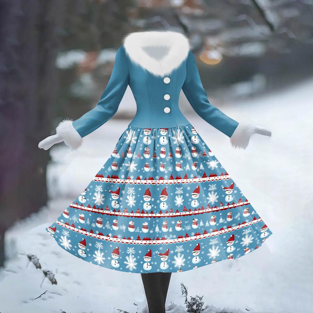Women's Casual Dress Long-Sleeve V-Neck Patchwork Fleece Christmas Print Dress