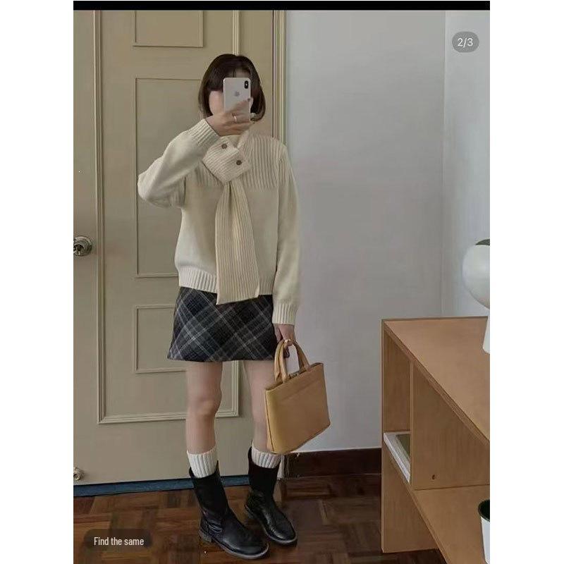 Korean Style Red Knit Pullover Scarf Sweater for Women – Autumn/Winter Fashion