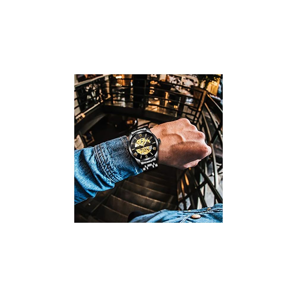 Tevise Men's Skeleton Watch Black Stainless Steel Waterproof Automatic Roman Numerals Dial