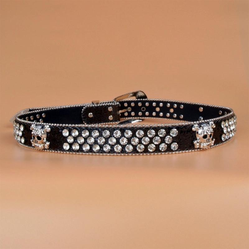 Steampunk Rhinestone Belt Women Waist Belt Western Cowgirl Skull Studded PU Leather Belt for Teenager Girl Female Male